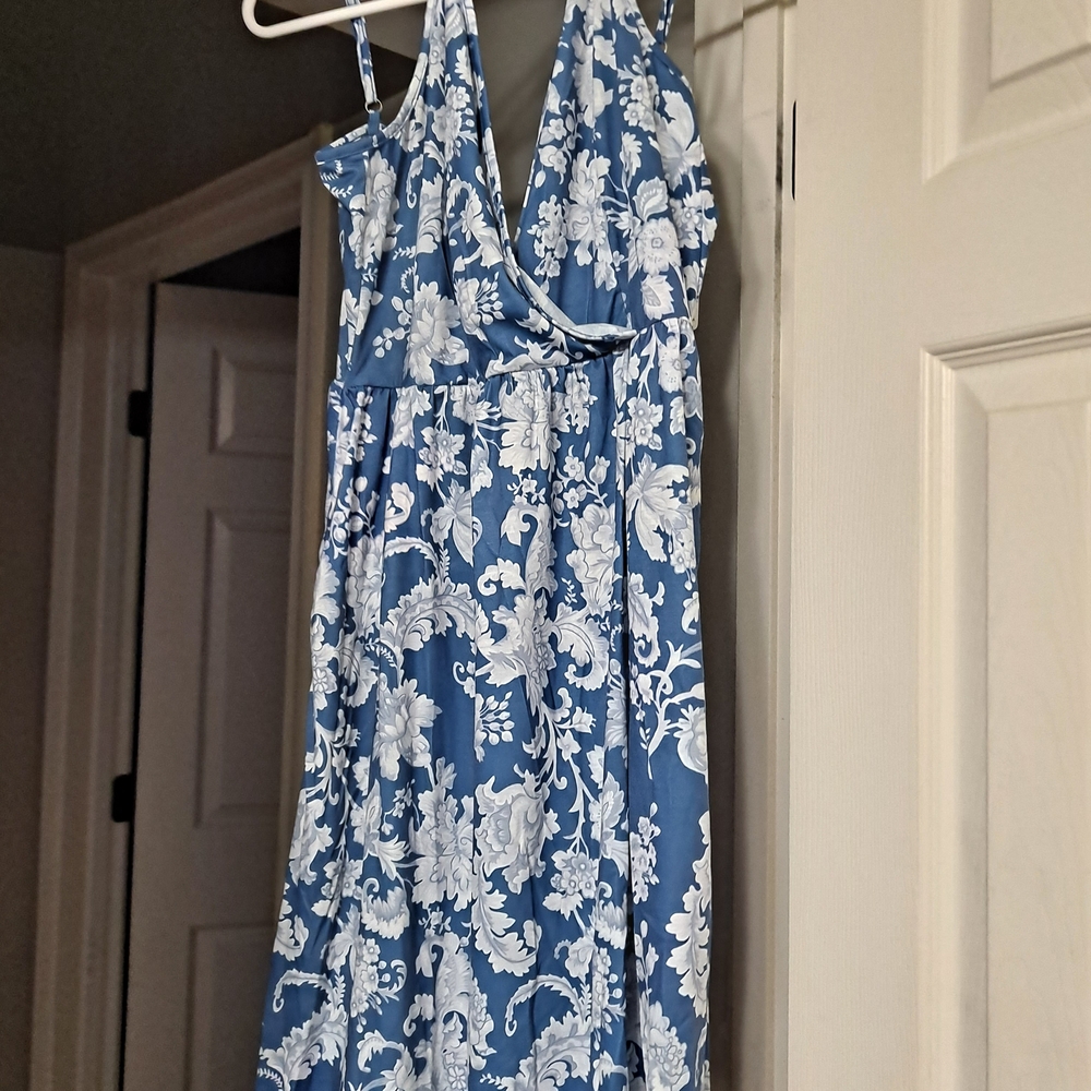 Blue and White Floral Wrap Maxi Dress